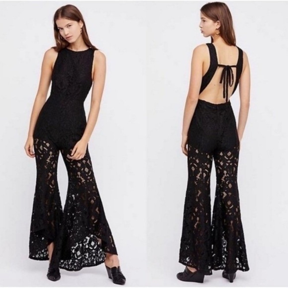 Free People Black Lace Jumpsuit Flare Leg Backless Tie Occasion Party Romper 2